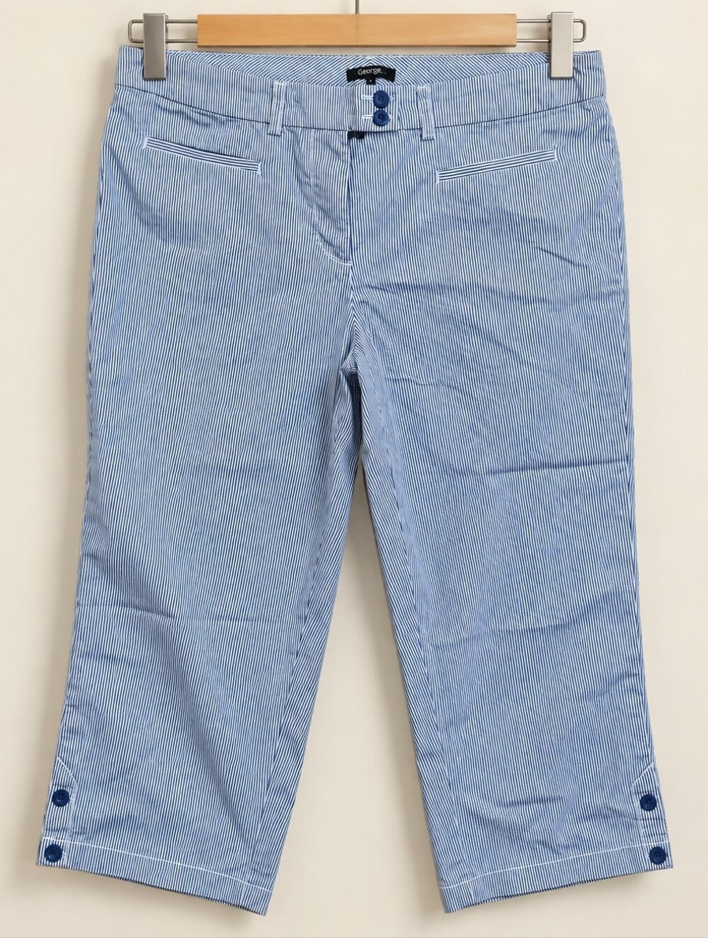 George |  Blue & White Pinstripe Capri Pants with Button Hem